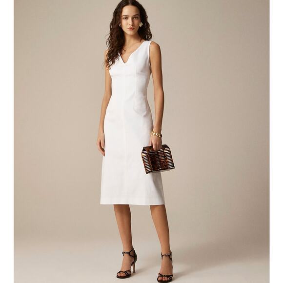 J.Crew Corset Midi Dress WMNS 2  White Stretch Twill V-Neck Sleeveless Back Zip - Picture 1 of 7